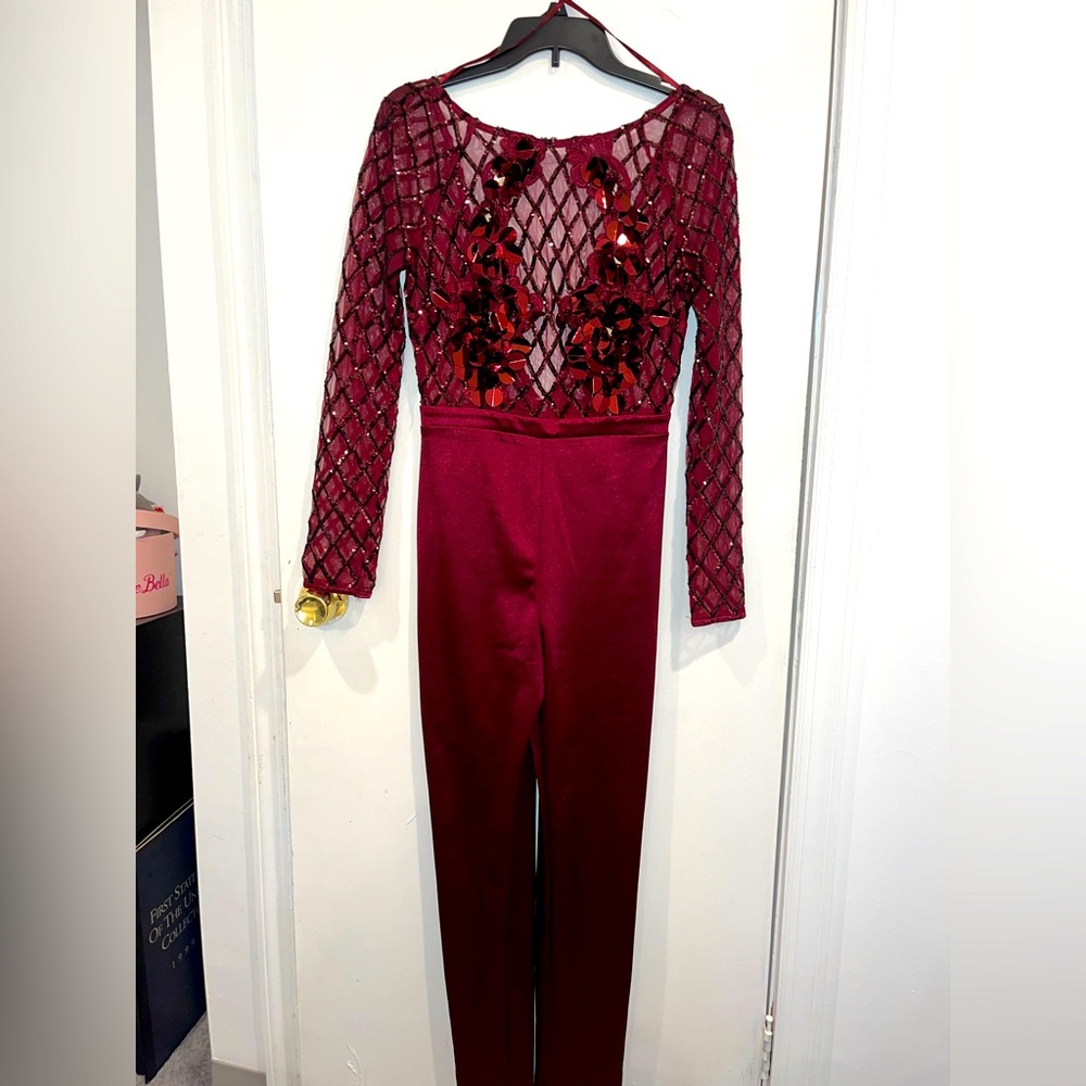 Sequin Mesh Open Back Maroon Jumpsuit - S